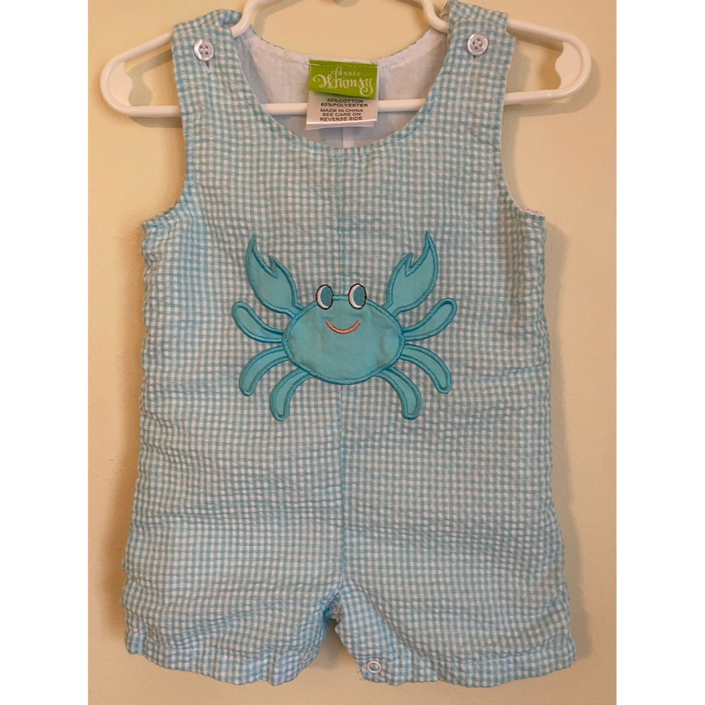 Crab Applique Jon Jon Turquoise Seersucker EUC